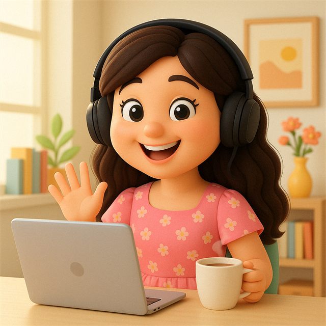 Illustration of Rosie with headphones waving from her laptop, ready for a video call