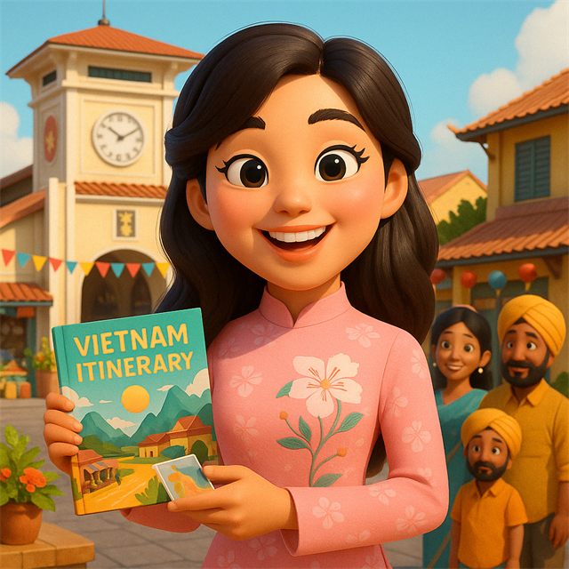 Illustration of Rosie in a pink ao dai holding a Vietnam itinerary book