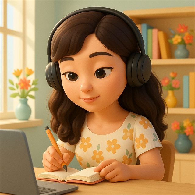 Illustration of Rosie writing notes in a journal beside her laptop
